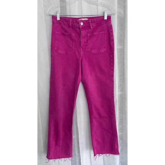 Zara Denim - Zara High Rise Straight Leg Jeans Fuchsia Pink Raw Hem Front‎ Patch Pockets Sz 6